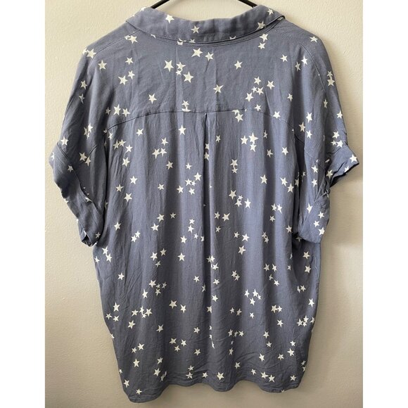 By Together M Star Print Blue Button-Up Shirt With Cuffed Sleeves & Chest Pocket - Picture 3 of 6
